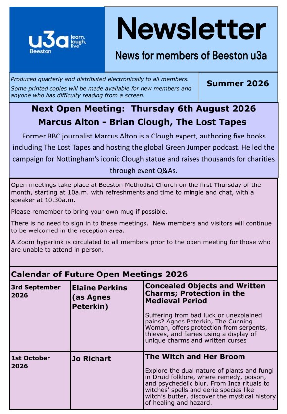 Cover of U3A Beeston Summer 2026 Newsletter